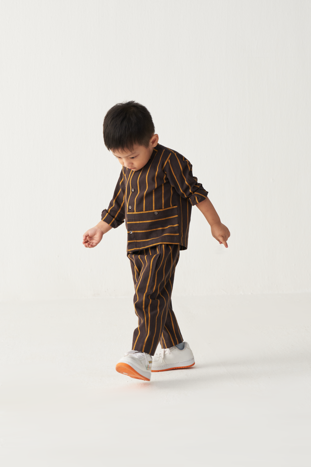 KIDS BAND COLLAR SHIRT- CHARCOAL/MUSTARD