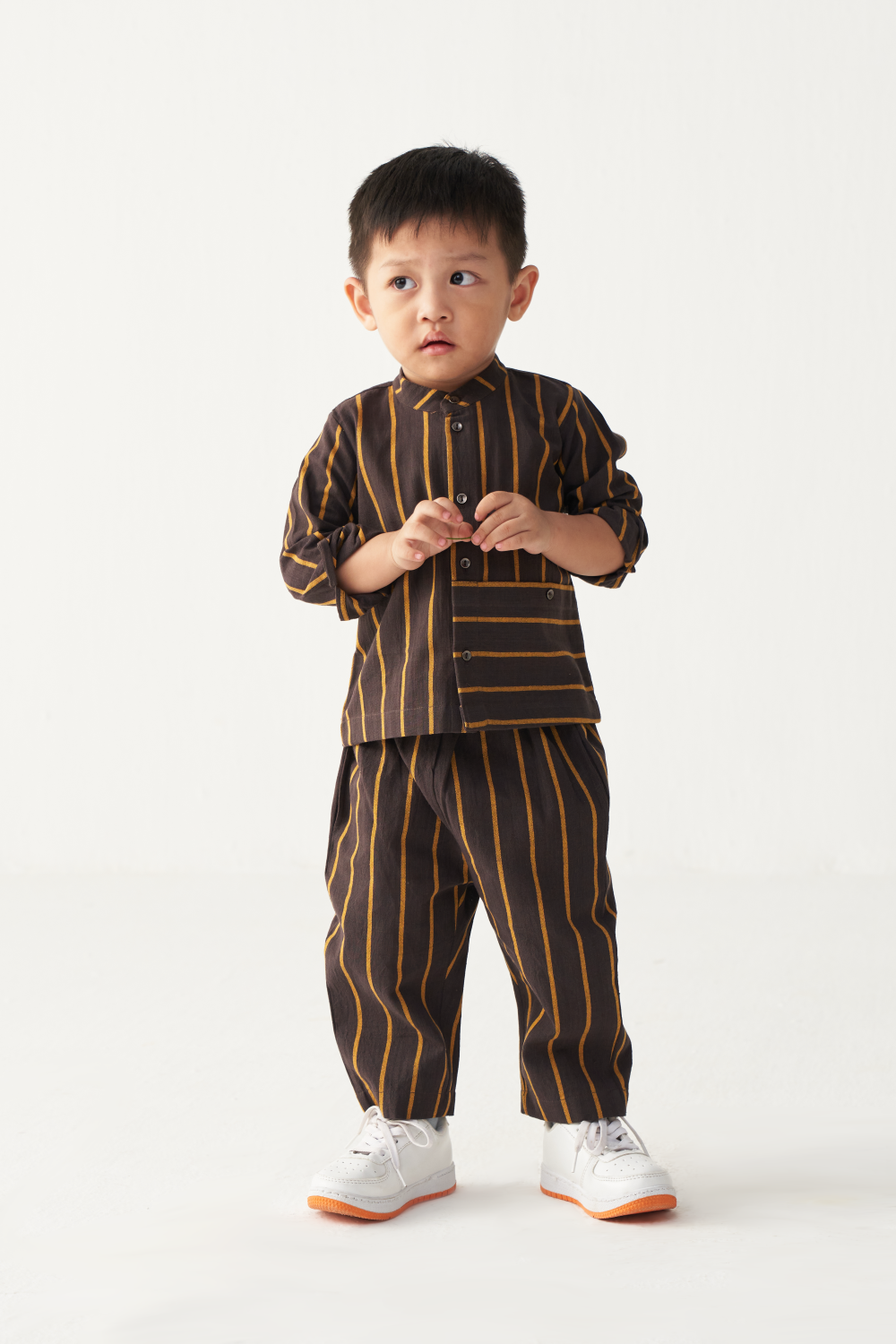KIDS BAND COLLAR SHIRT- CHARCOAL/MUSTARD