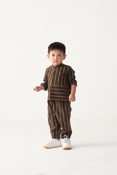 KIDS BAND COLLAR SHIRT- CHARCOAL/MUSTARD