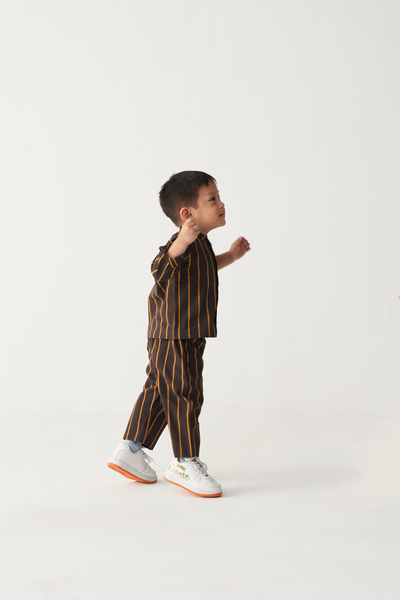 KIDS BAND COLLAR SHIRT- CHARCOAL/MUSTARD