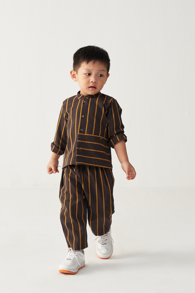 KIDS BAND COLLAR SHIRT- CHARCOAL/MUSTARD