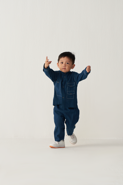 KIDS DOUBLE PATCH POCKET SHIRT CO-ORD-INDIGO