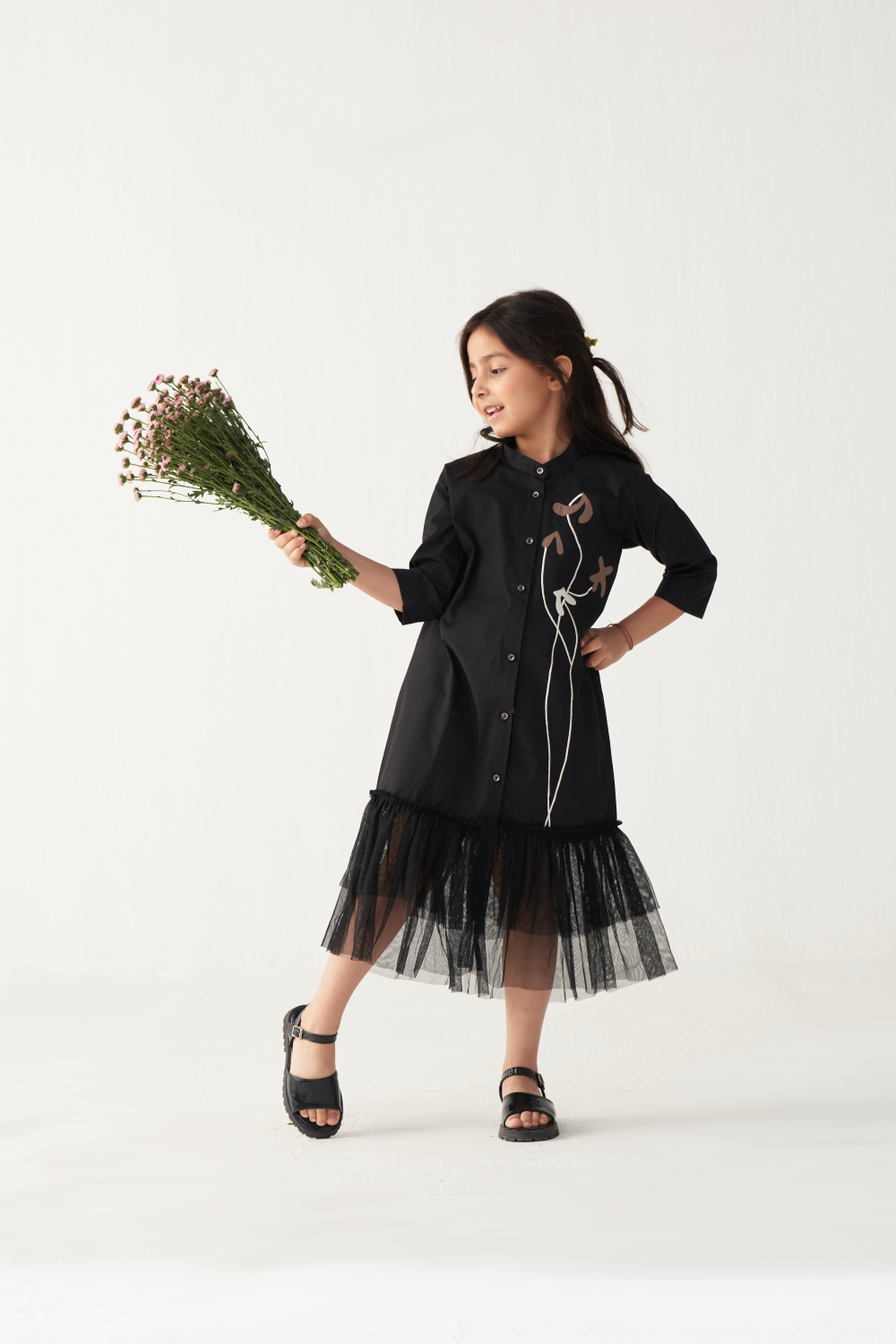 KIDS POPPY APPLIQUE FRILL DRESS-BLACK