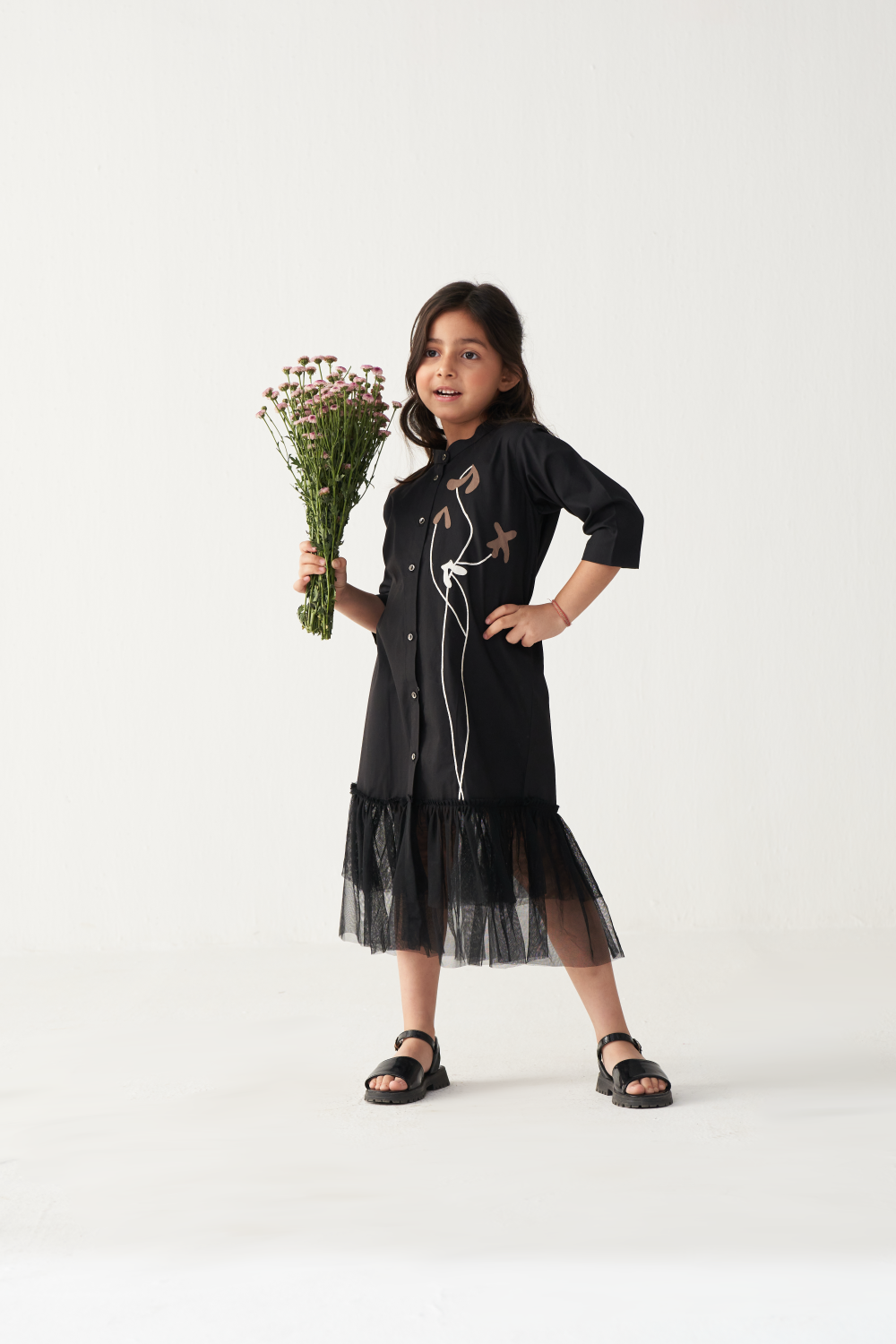 KIDS POPPY APPLIQUE FRILL DRESS-BLACK