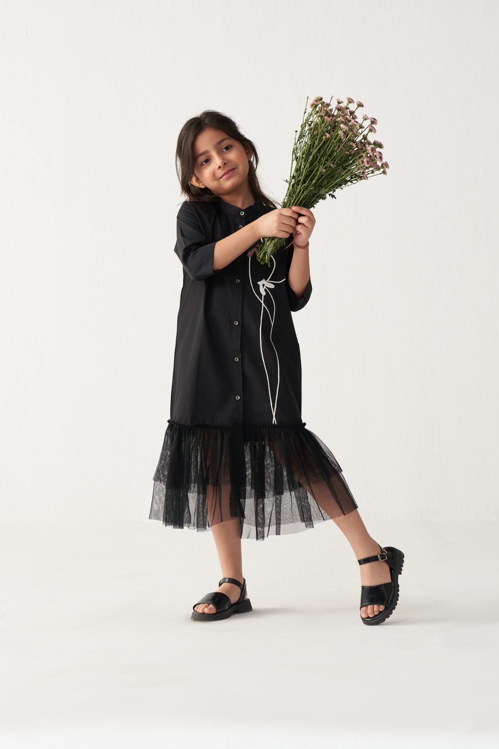 KIDS POPPY APPLIQUE FRILL DRESS-BLACK