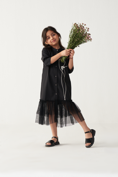 KIDS POPPY APPLIQUE FRILL DRESS-BLACK