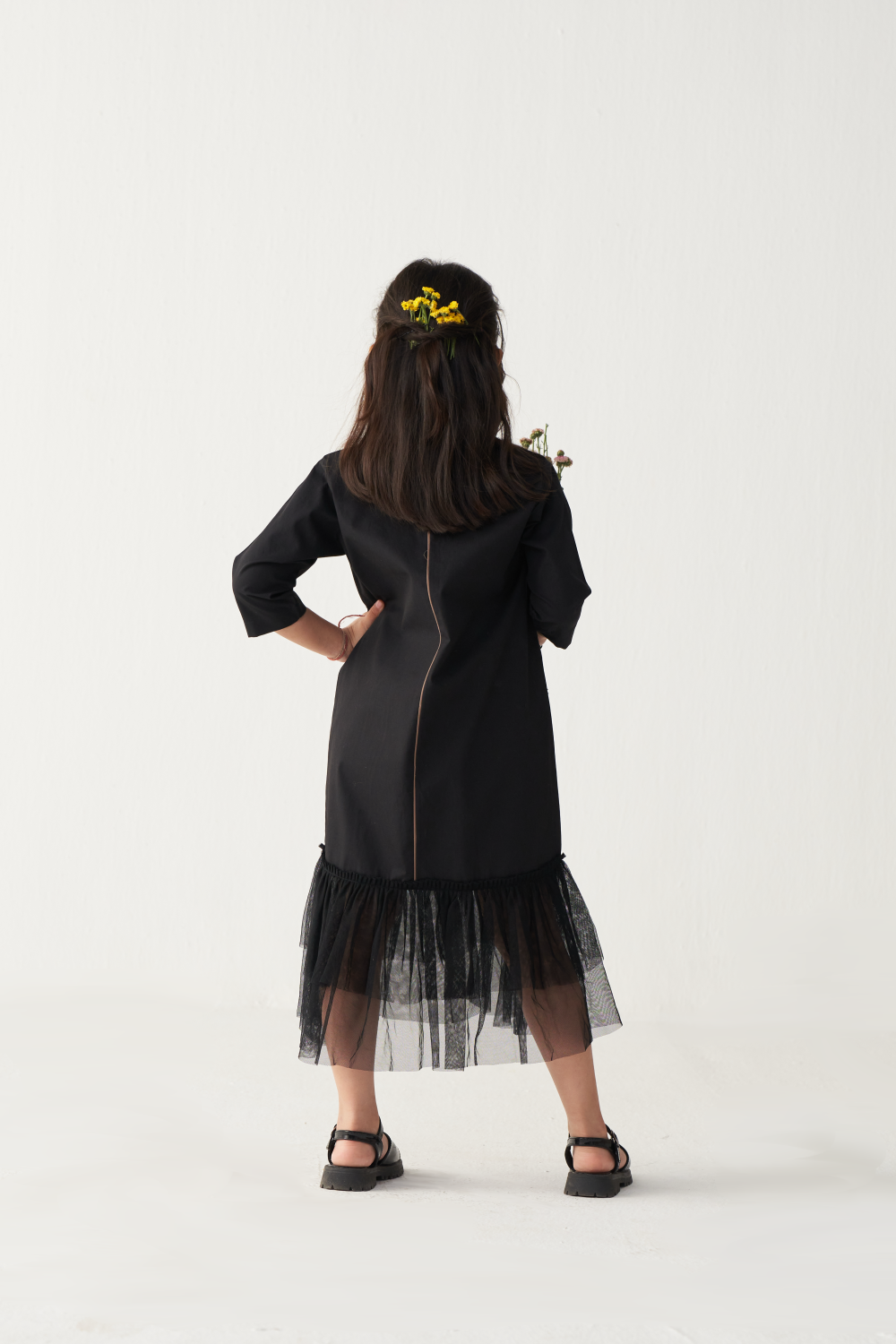 KIDS POPPY APPLIQUE FRILL DRESS-BLACK