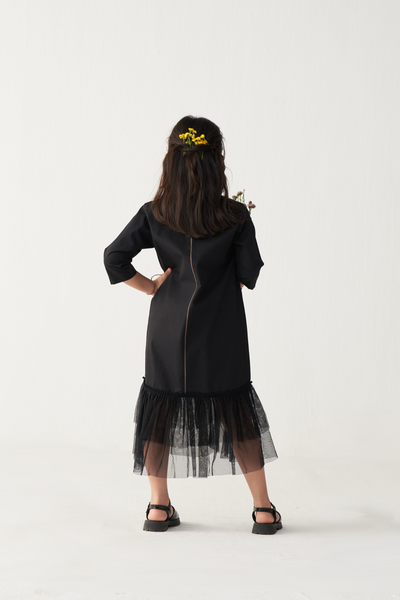 KIDS POPPY APPLIQUE FRILL DRESS-BLACK