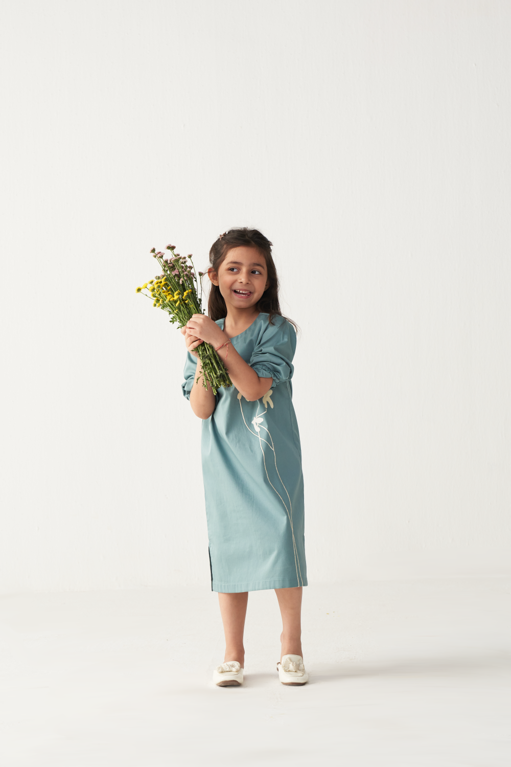 KIDS POPPY APPLIQUE DRESS-NIAGARA BLUE