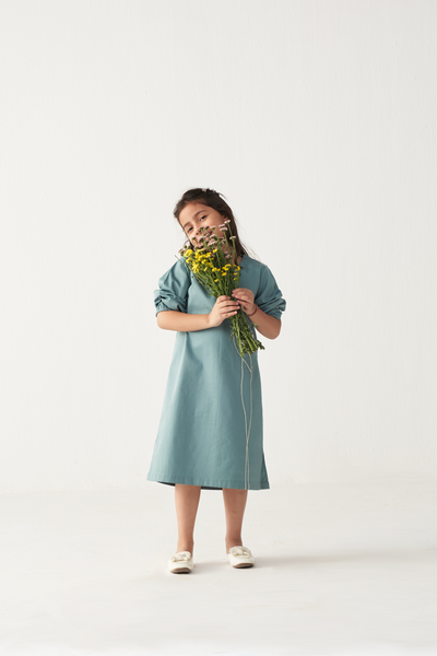 KIDS POPPY APPLIQUE DRESS-NIAGARA BLUE