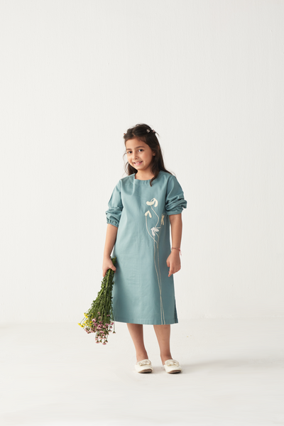 KIDS POPPY APPLIQUE DRESS-NIAGARA BLUE