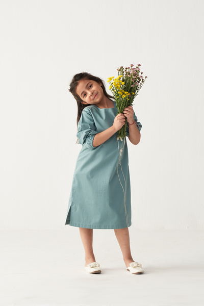 KIDS POPPY APPLIQUE DRESS-NIAGARA BLUE