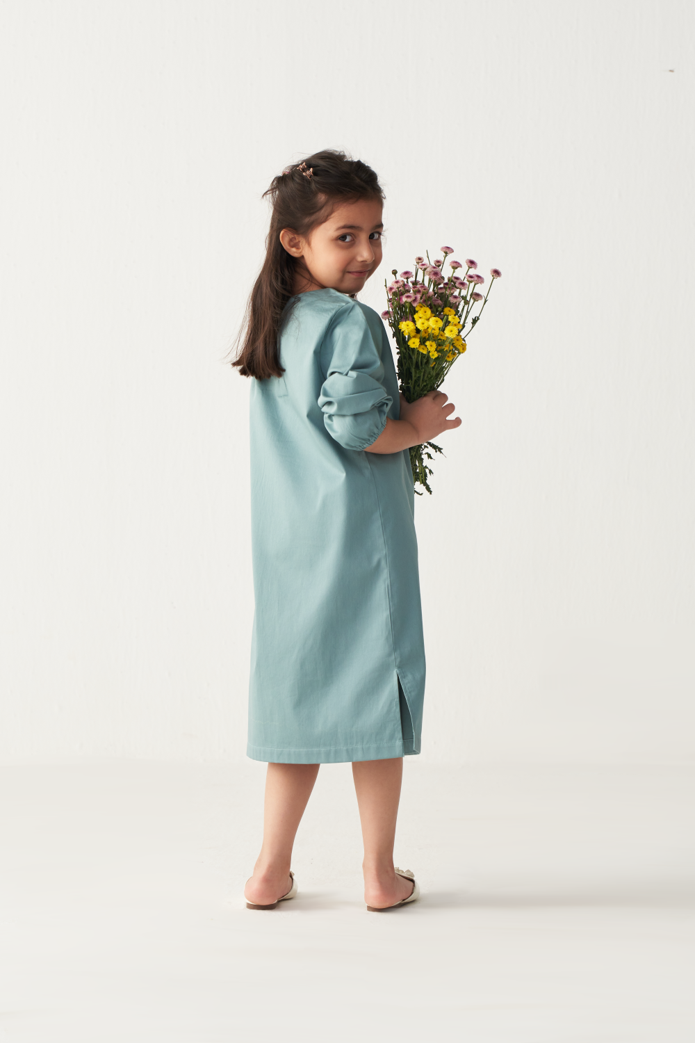 KIDS POPPY APPLIQUE DRESS-NIAGARA BLUE