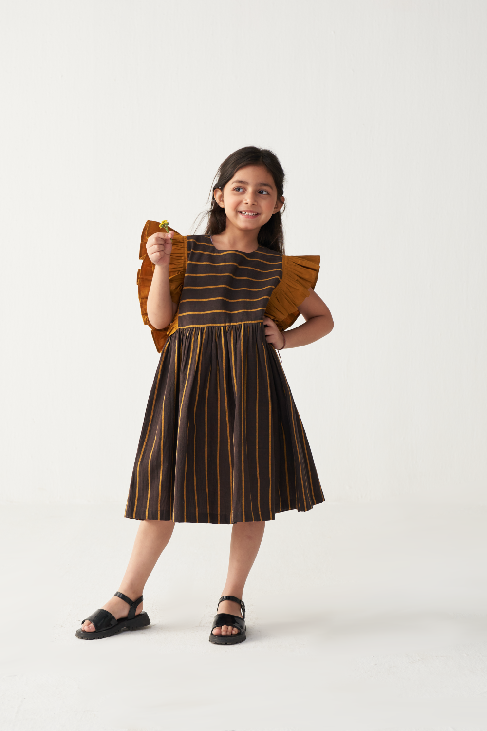 KIDS FRILL SLEEVE DRESS-CHARCOAL/MUSTARD