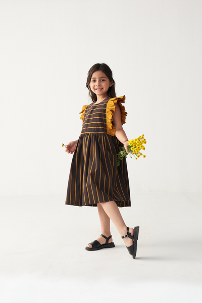 KIDS FRILL SLEEVE DRESS-CHARCOAL/MUSTARD