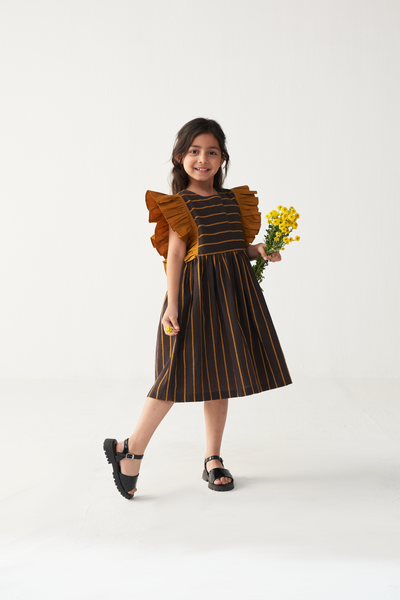 KIDS FRILL SLEEVE DRESS-CHARCOAL/MUSTARD