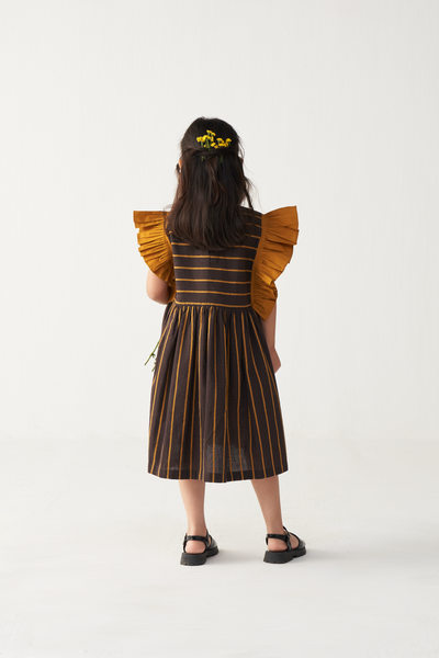 KIDS FRILL SLEEVE DRESS-CHARCOAL/MUSTARD