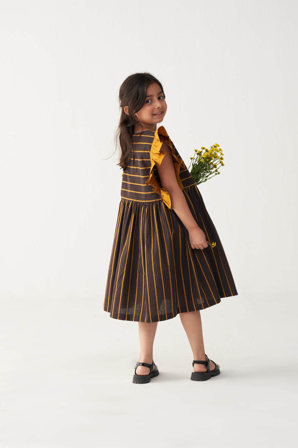 KIDS FRILL SLEEVE DRESS-CHARCOAL/MUSTARD