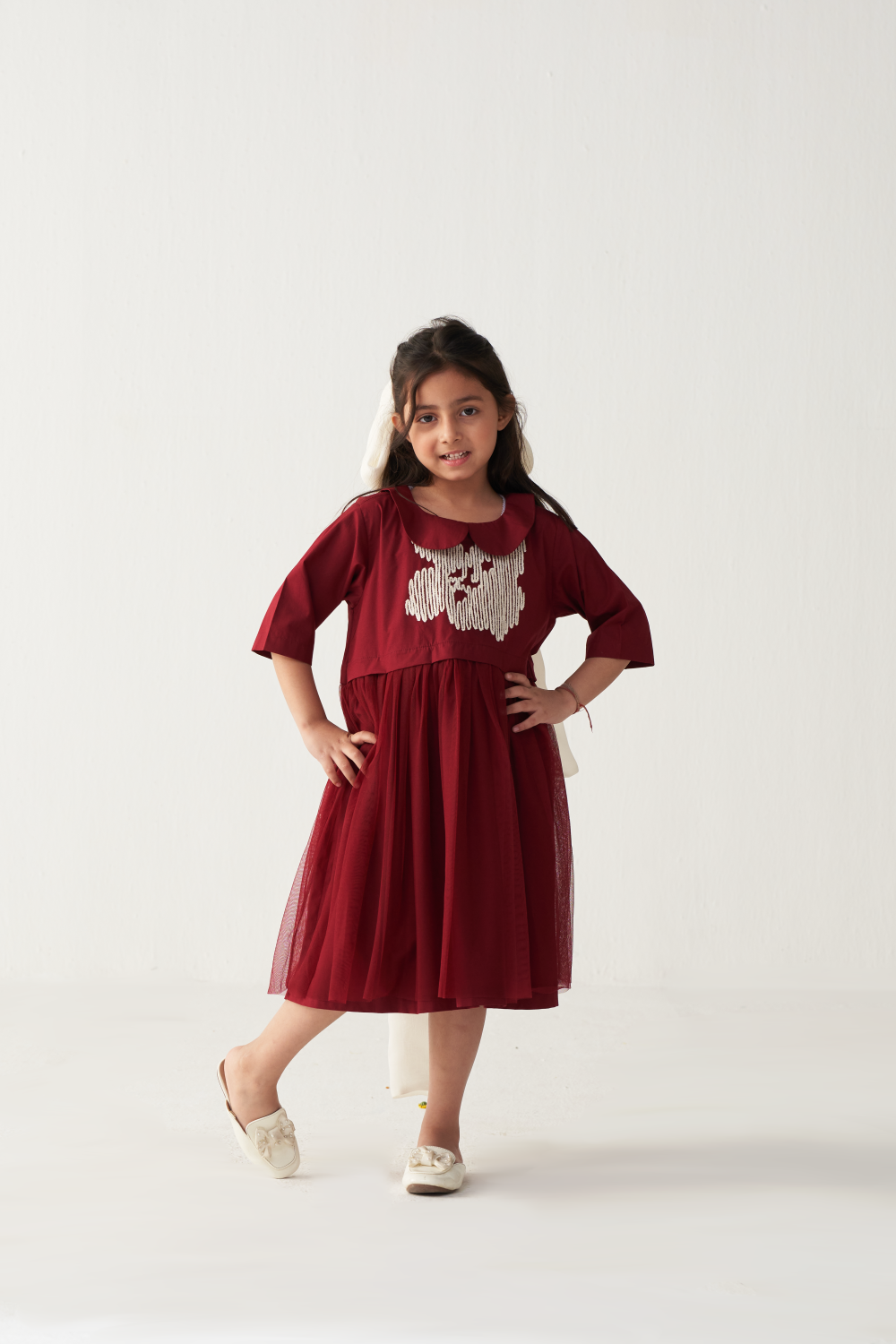 KIDS PETER PAN COLLAR DRESS-CRIMSON RED
