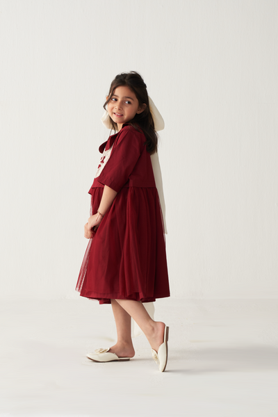 KIDS PETER PAN COLLAR DRESS-CRIMSON RED