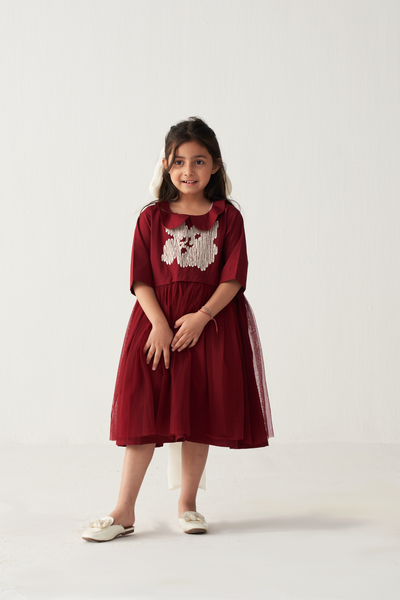 KIDS PETER PAN COLLAR DRESS-CRIMSON RED