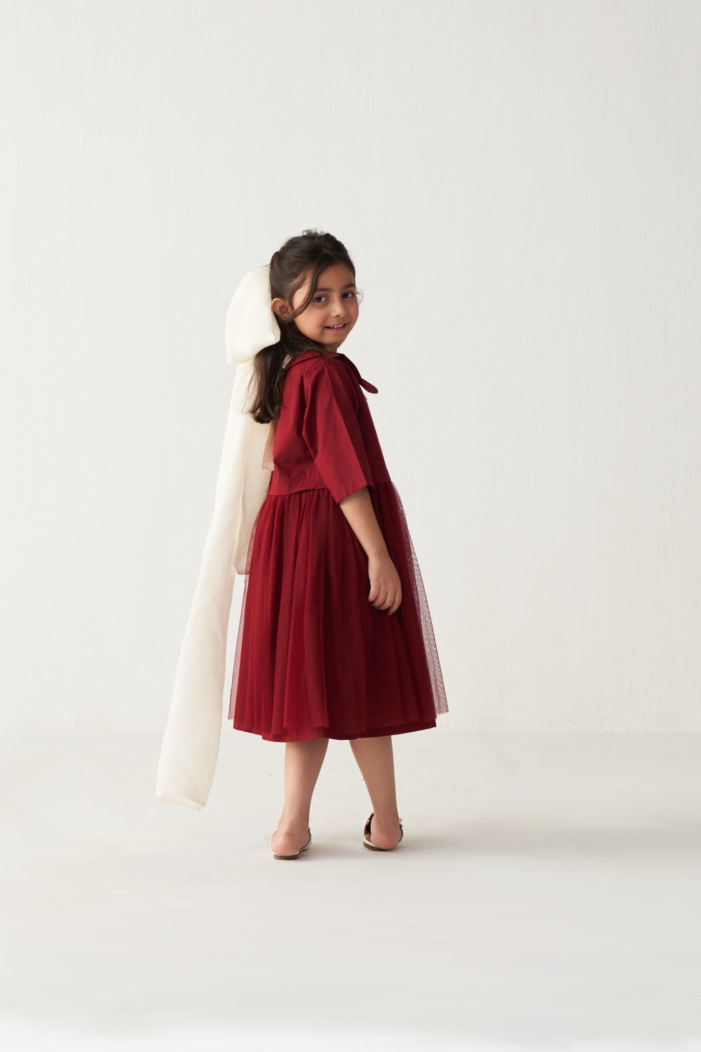 KIDS PETER PAN COLLAR DRESS-CRIMSON RED