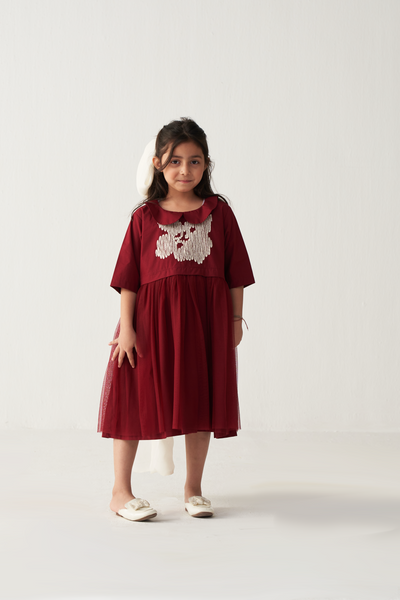 KIDS PETER PAN COLLAR DRESS-CRIMSON RED