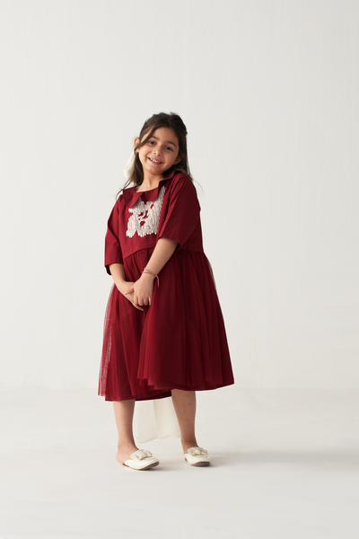 KIDS PETER PAN COLLAR DRESS-CRIMSON RED