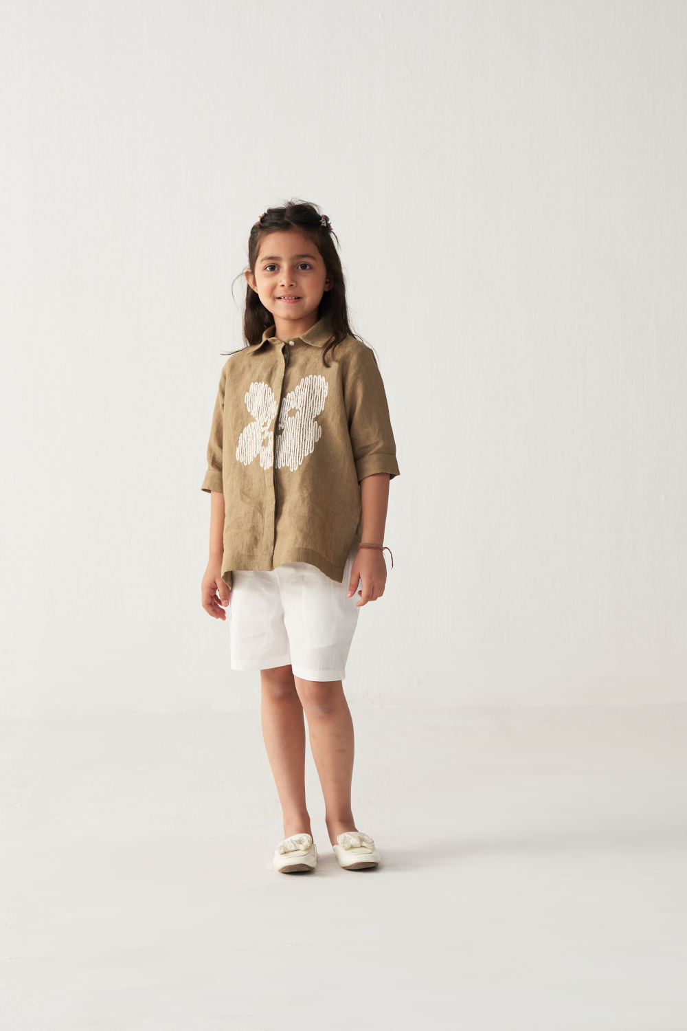 KIDS EMB. FLORAL SHIRT-SAND