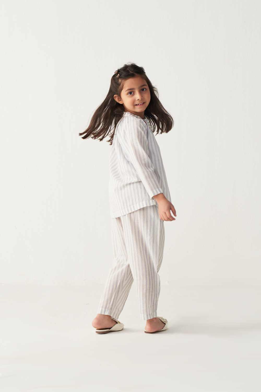 KIDS GATHER NECK SHIRT (CO-ORD)-BLUE & WHITE