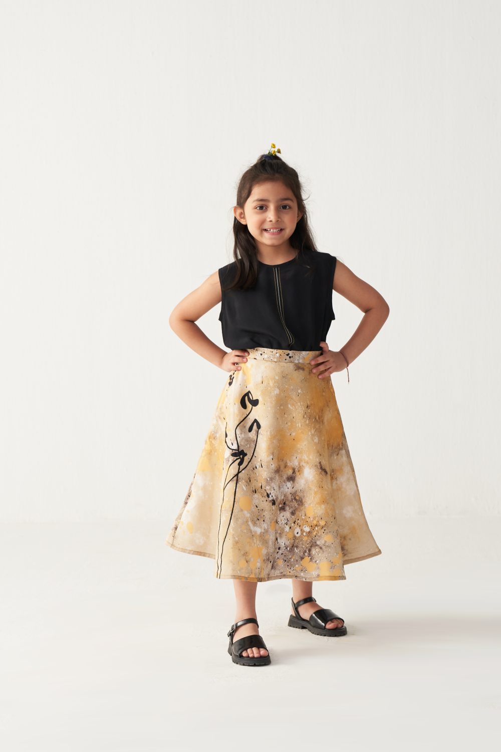 KIDS ROUND NECK TOP (CO-ORD)-BLACK & MUSTARD