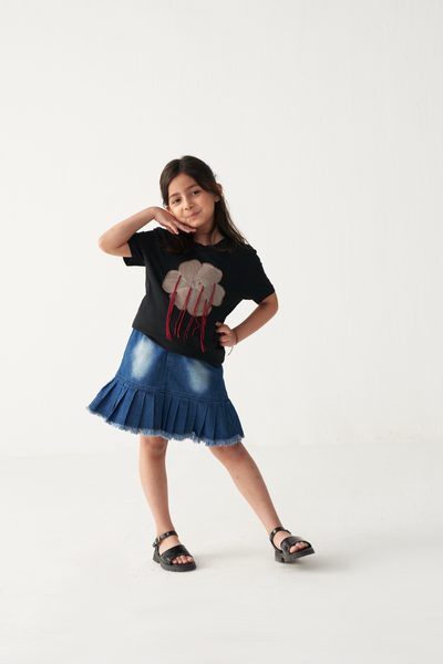 KIDS FLORAL FRINGE T-SHIRT-BLACK