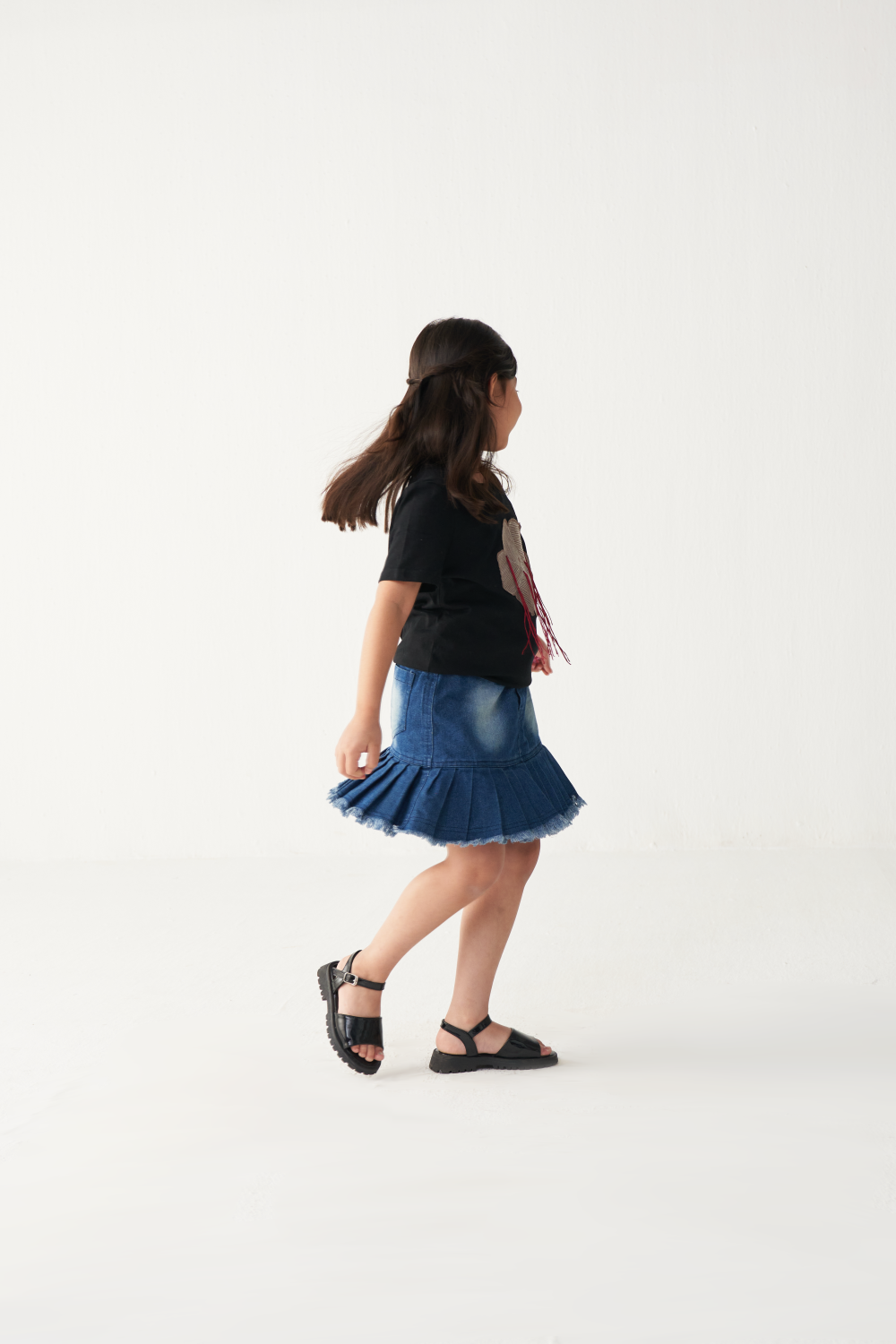 KIDS FLORAL FRINGE T-SHIRT-BLACK