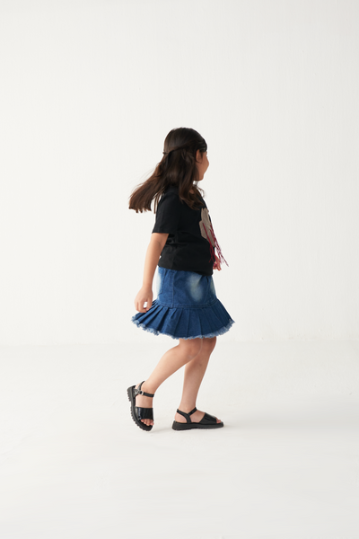 KIDS FLORAL FRINGE T-SHIRT-BLACK