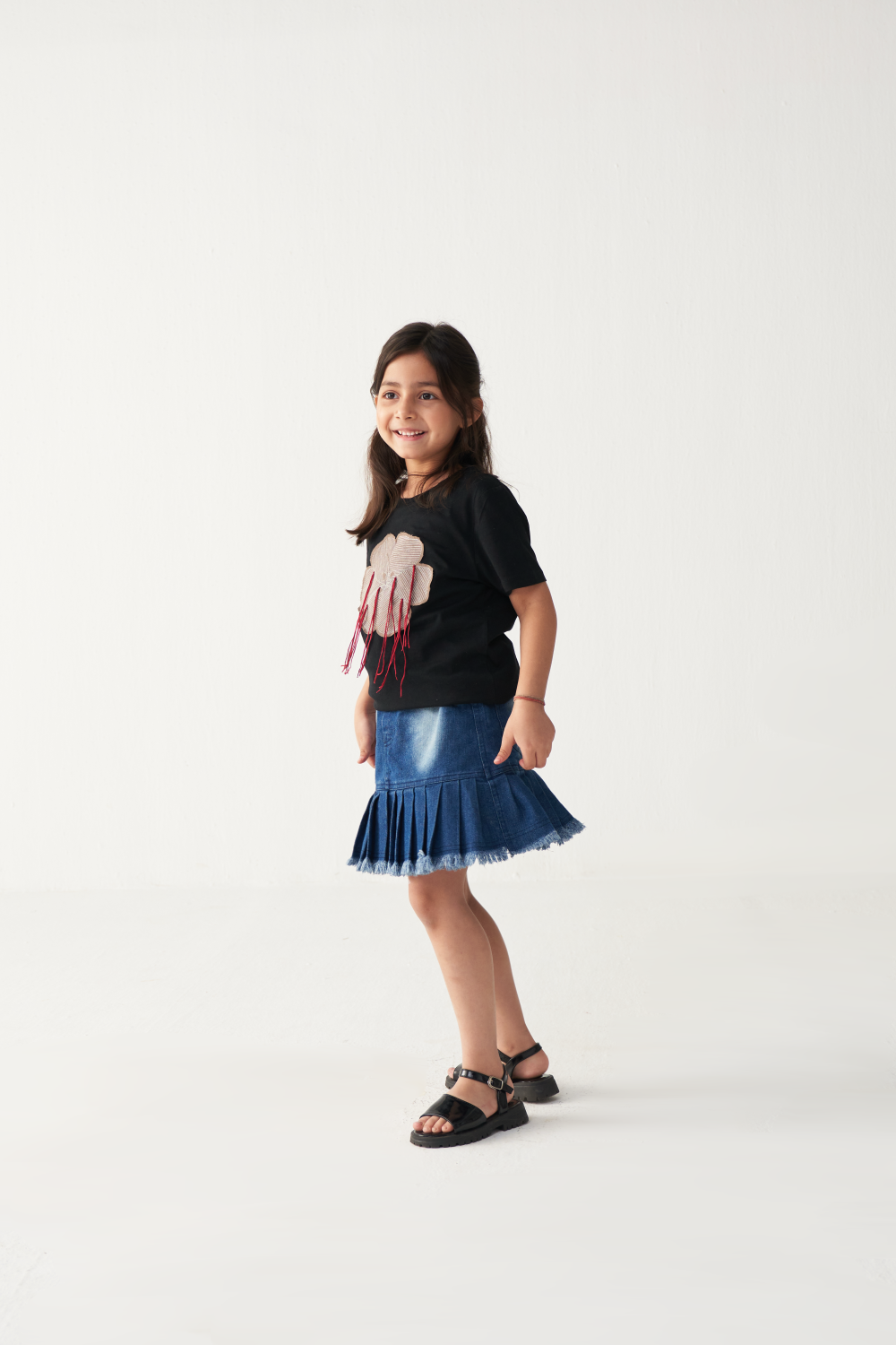 KIDS FLORAL FRINGE T-SHIRT-BLACK