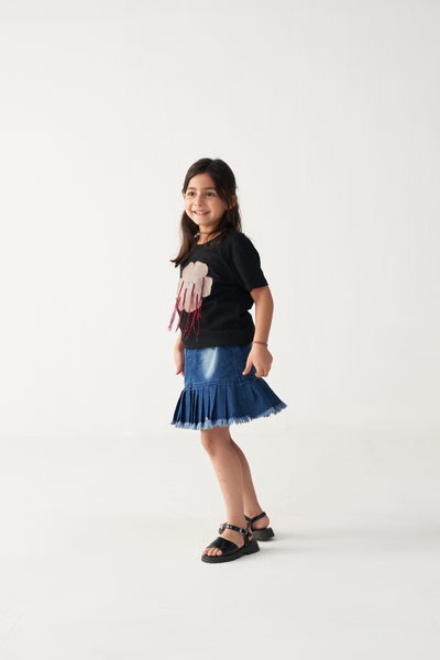 KIDS FLORAL FRINGE T-SHIRT-BLACK