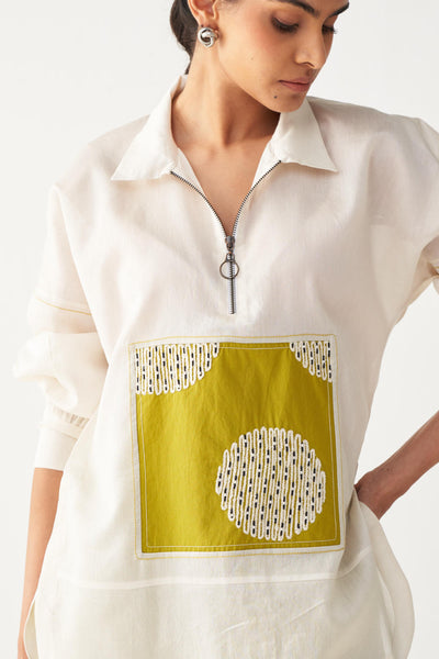 EMB. PATCH U HEM TOP CO-ORD-IVORY & LIME