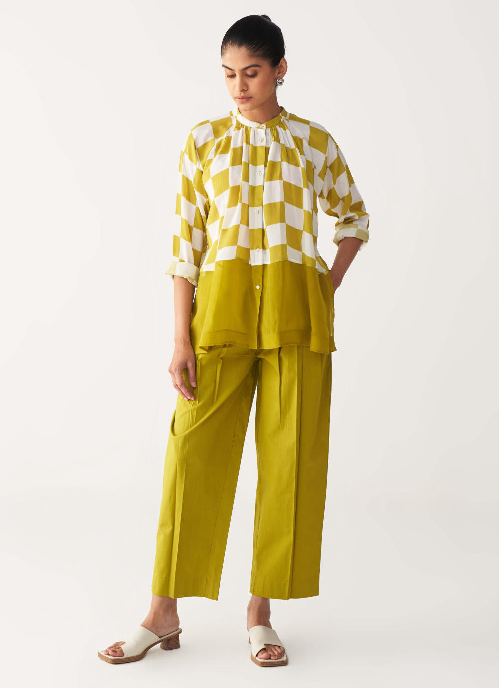 CHECKERED PEASANT TOP -LIME CHECK