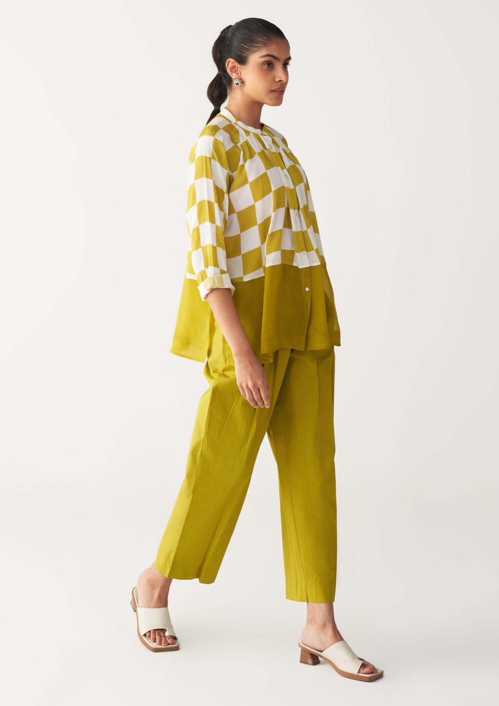 CHECKERED PEASANT TOP CO-ORD-LIME