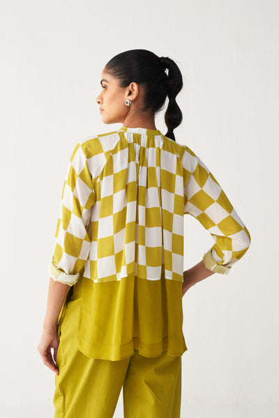 CHECKERED PEASANT TOP CO-ORD-LIME
