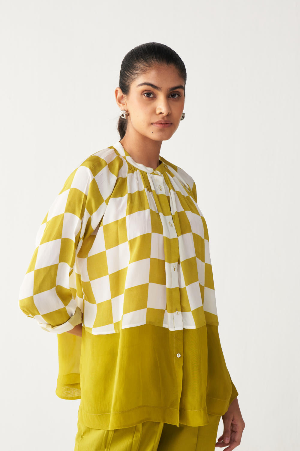 CHECKERED PEASANT TOP CO-ORD-LIME