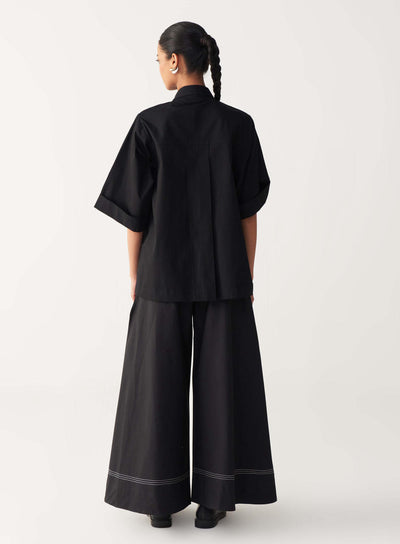 FLORAL FRINGE SHIRT -BLACK