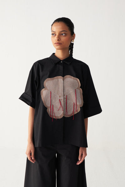 FLORAL FRINGE SHIRT -BLACK