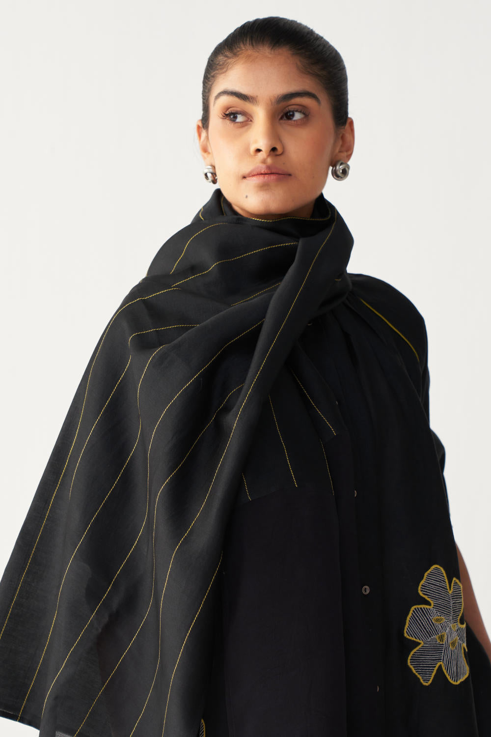 PANEL EMBROIDERED SCARF-BLACK
