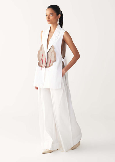 FLORAL FRINGE WAIST COAT CO-ORD-WHITE