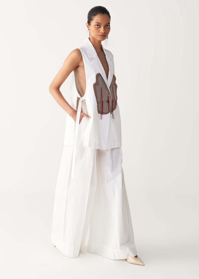 FLORAL FRINGE WAIST COAT CO-ORD-WHITE