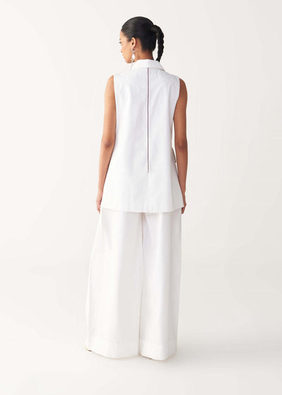 FLORAL FRINGE WAIST COAT CO-ORD-WHITE