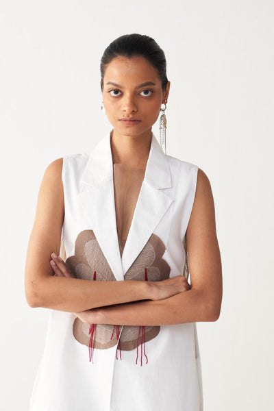 FLORAL FRINGE WAIST COAT CO-ORD-WHITE