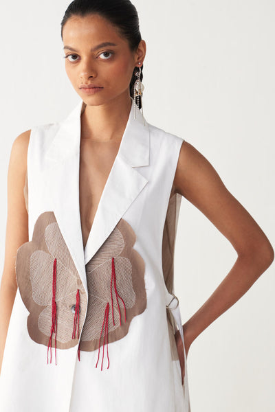 FLORAL FRINGE WAIST COAT CO-ORD-WHITE