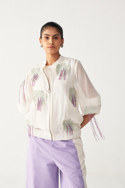 FLORAL FRINGE BOMBER CO-ORD-IVORY & LAVENDER